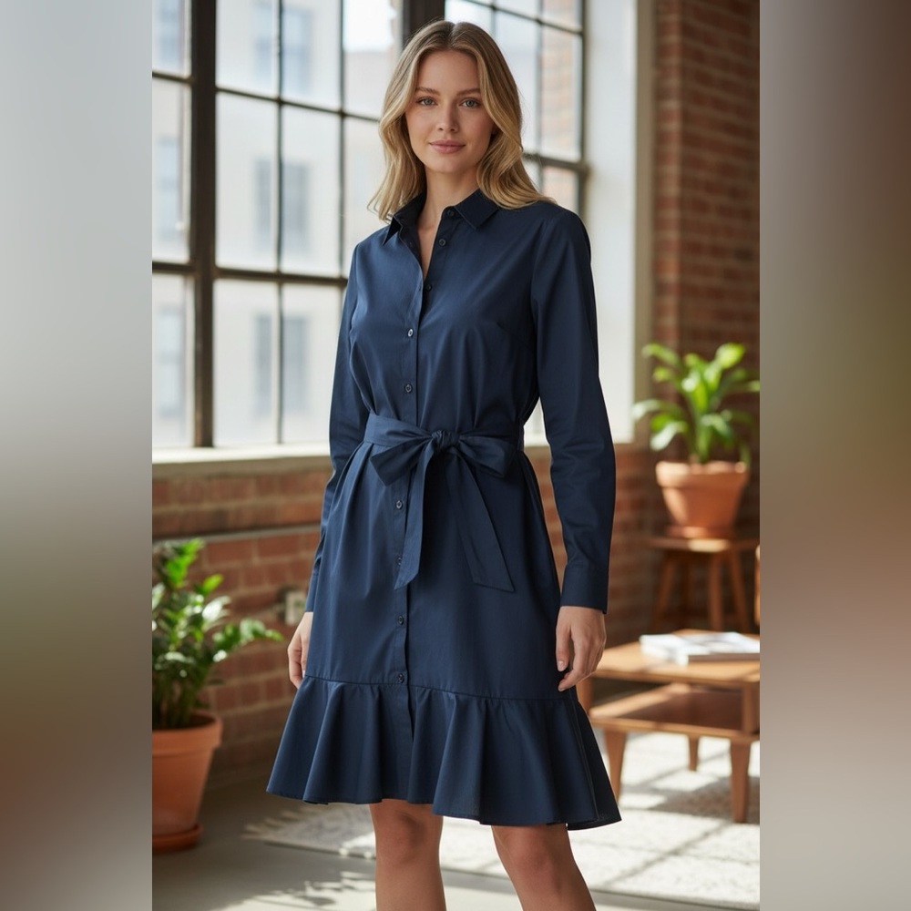 Chaps Womens Sz M Blue Belted Fit & Flare Button Down Roll Tab Long Sleeve Dress